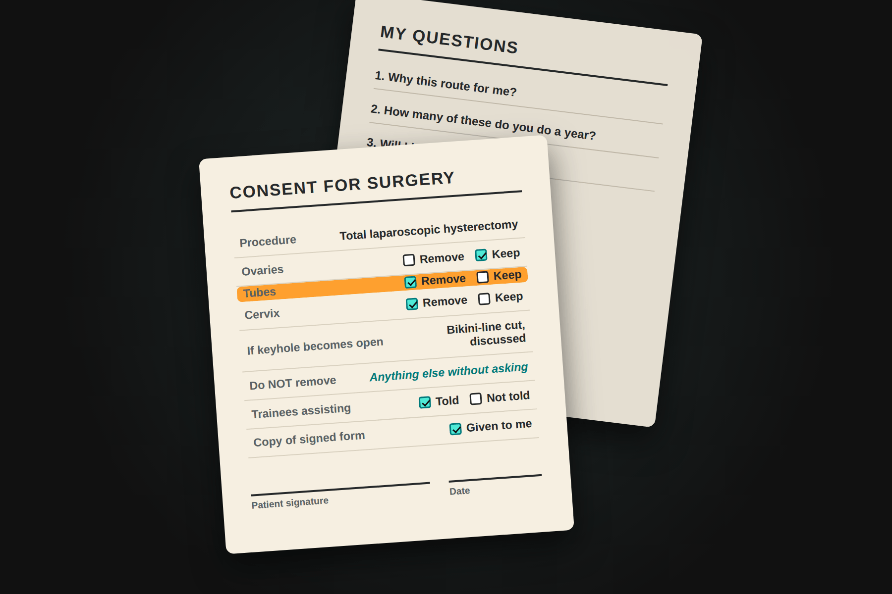 A surgical consent form with tick boxes for ovaries, tubes and cervix, next to a handwritten list of questions